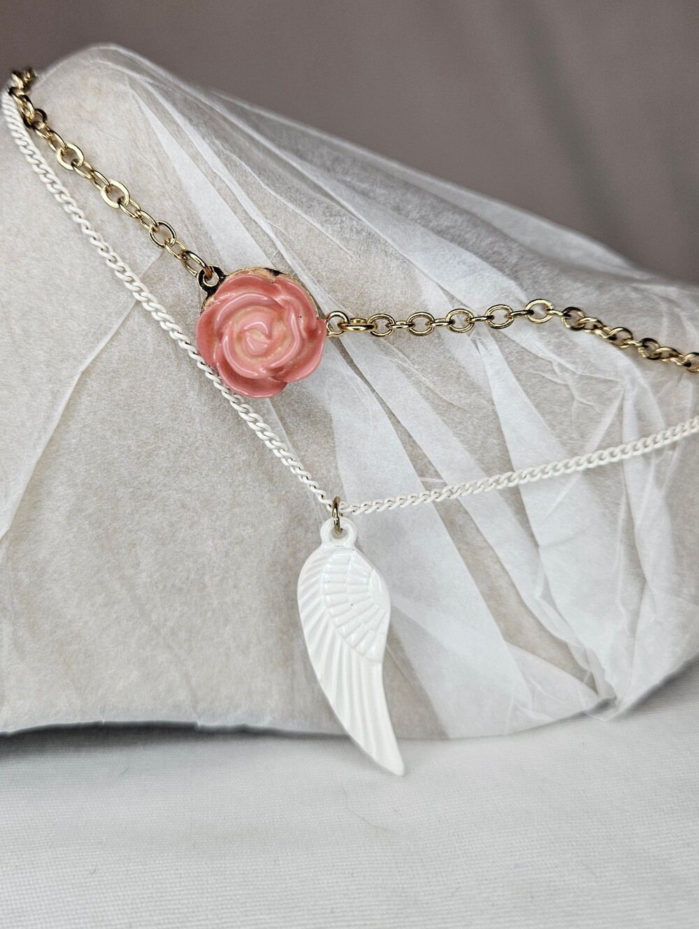 Hannah NWT Pink Rose White Angel Wing Layered Anklet Ankle Bracelet 9-11"